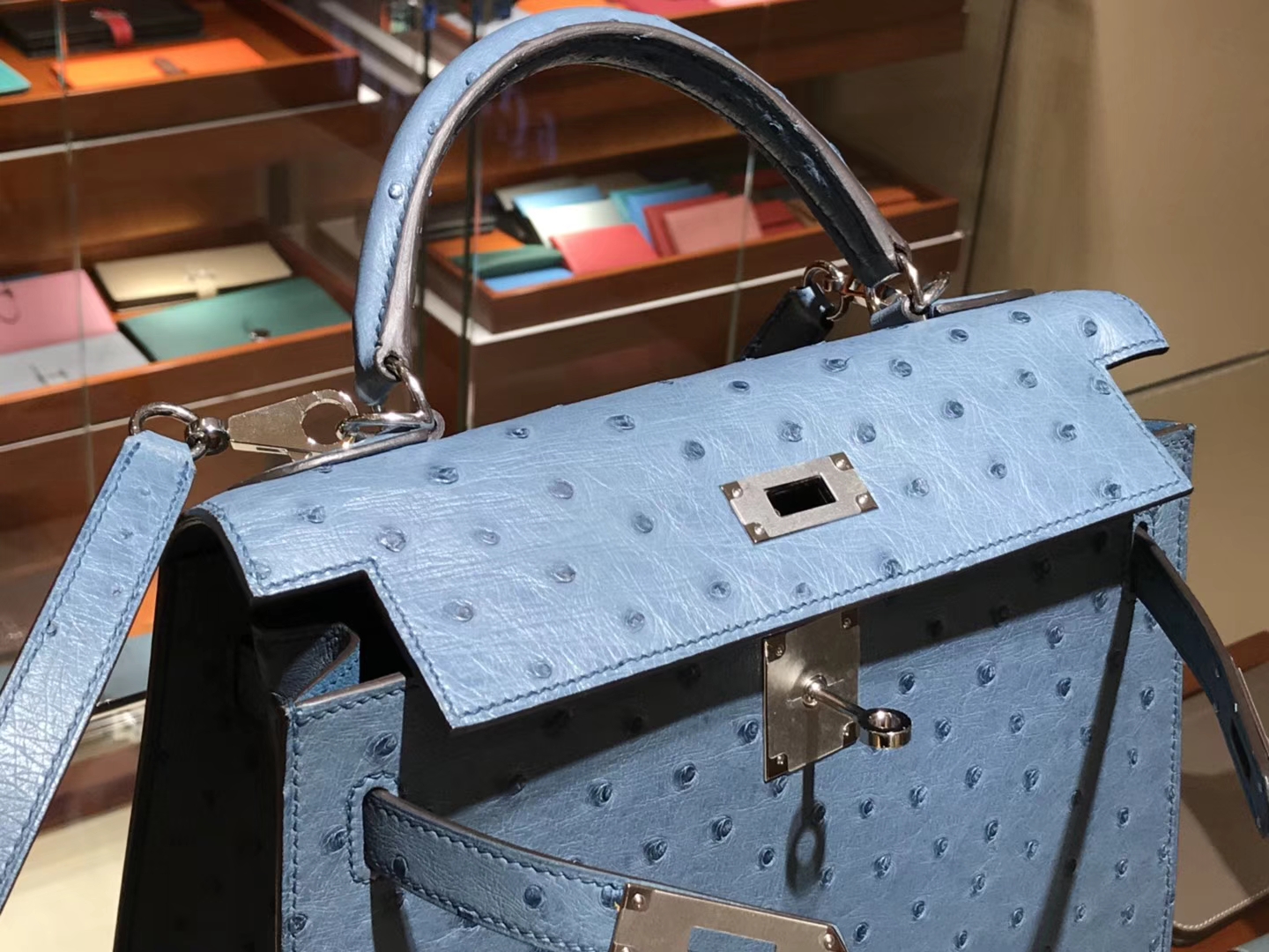 HERMES 爱马仕 凯莉包 Kelly 25cm 28cm 鸵鸟皮 暴风蓝 Y7 Blue orage 金银扣都可以定制