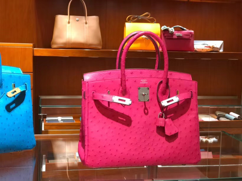 HERMES 爱马仕 铂金包 Birkin 30cm 鸵鸟皮 桃红 E5 金银扣都可以定制