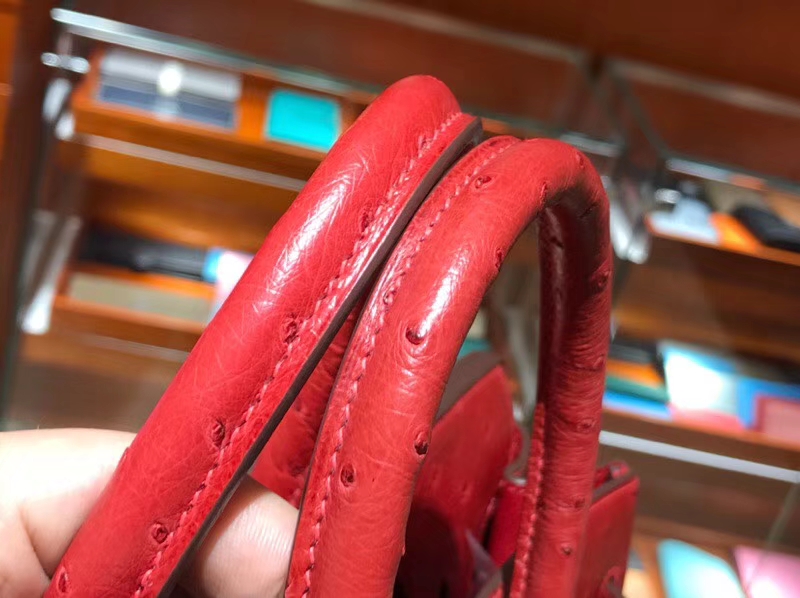HERMES 爱马仕 铂金包 Birkin 30cm 鸵鸟皮 中国红 3M Rouge Laque 金银扣都可以定制