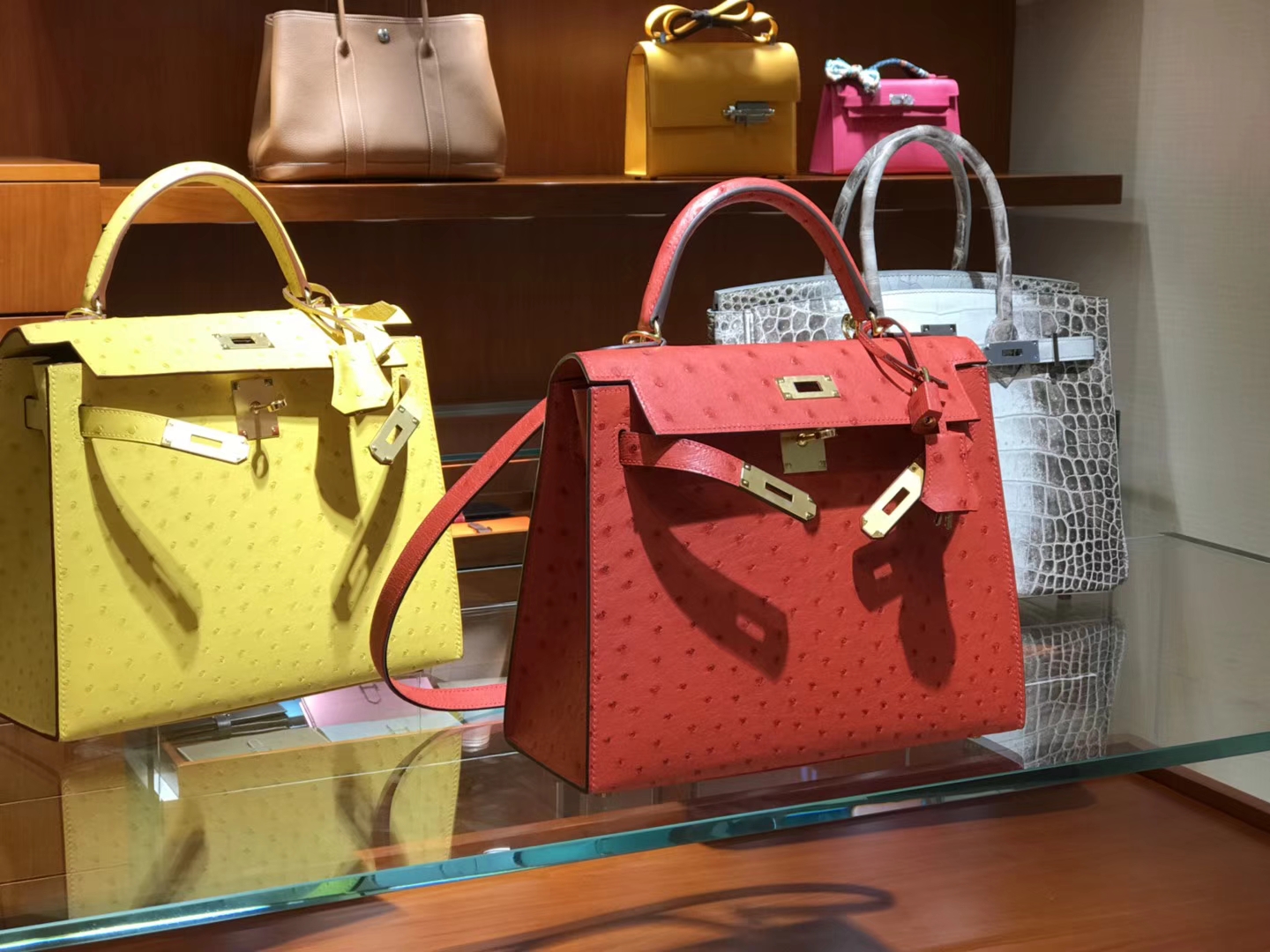HERMES 爱马仕 凯莉包 Kelly 25cm 28cm 鸵鸟皮 爱马仕红 55 Rougeh 金银扣都可以定制