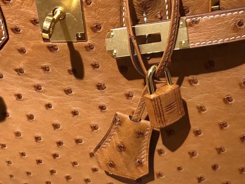 HERMES 爱马仕 铂金包 Birkin 30cm 鸵鸟皮 金棕色 C47 金银扣都可以定制