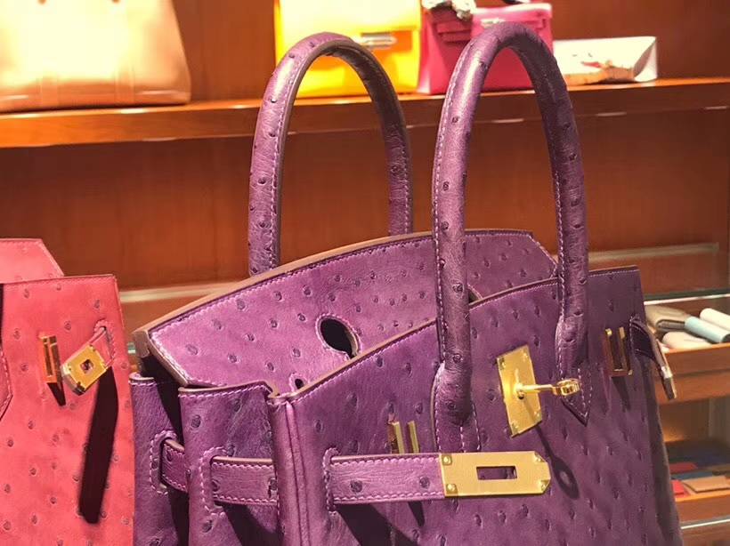HERMES 爱马仕 铂金包 Birkin 30cm 鸵鸟皮 海葵紫 P9 Anemone 金银扣都可以定制