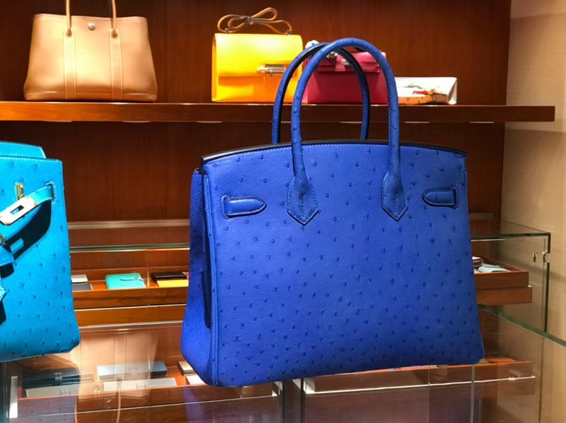 HERMES 爱马仕 铂金包 Birkin 30cm 鸵鸟皮 水妖蓝 T7 Blue Hydra金 银扣都可以定制
