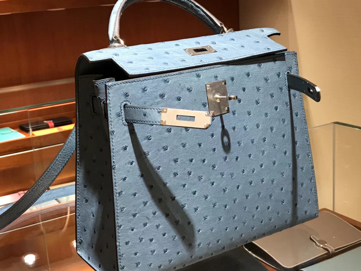 HERMES 爱马仕 凯莉包 Kelly 25cm 28cm 鸵鸟皮 暴风蓝 Y7 Blue orage 金银扣都可以定制