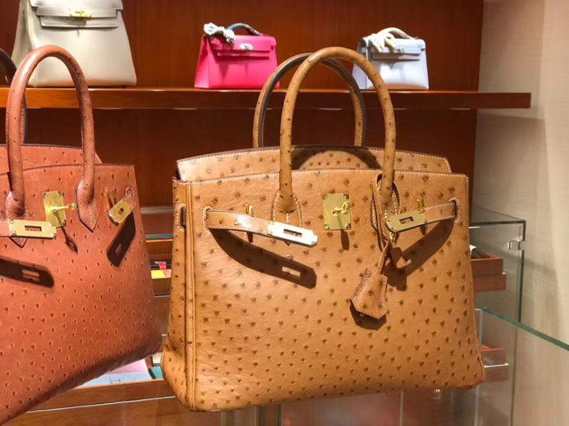 HERMES 爱马仕 铂金包 Birkin 30cm 鸵鸟皮 金棕色 C47 金银扣都可以定制