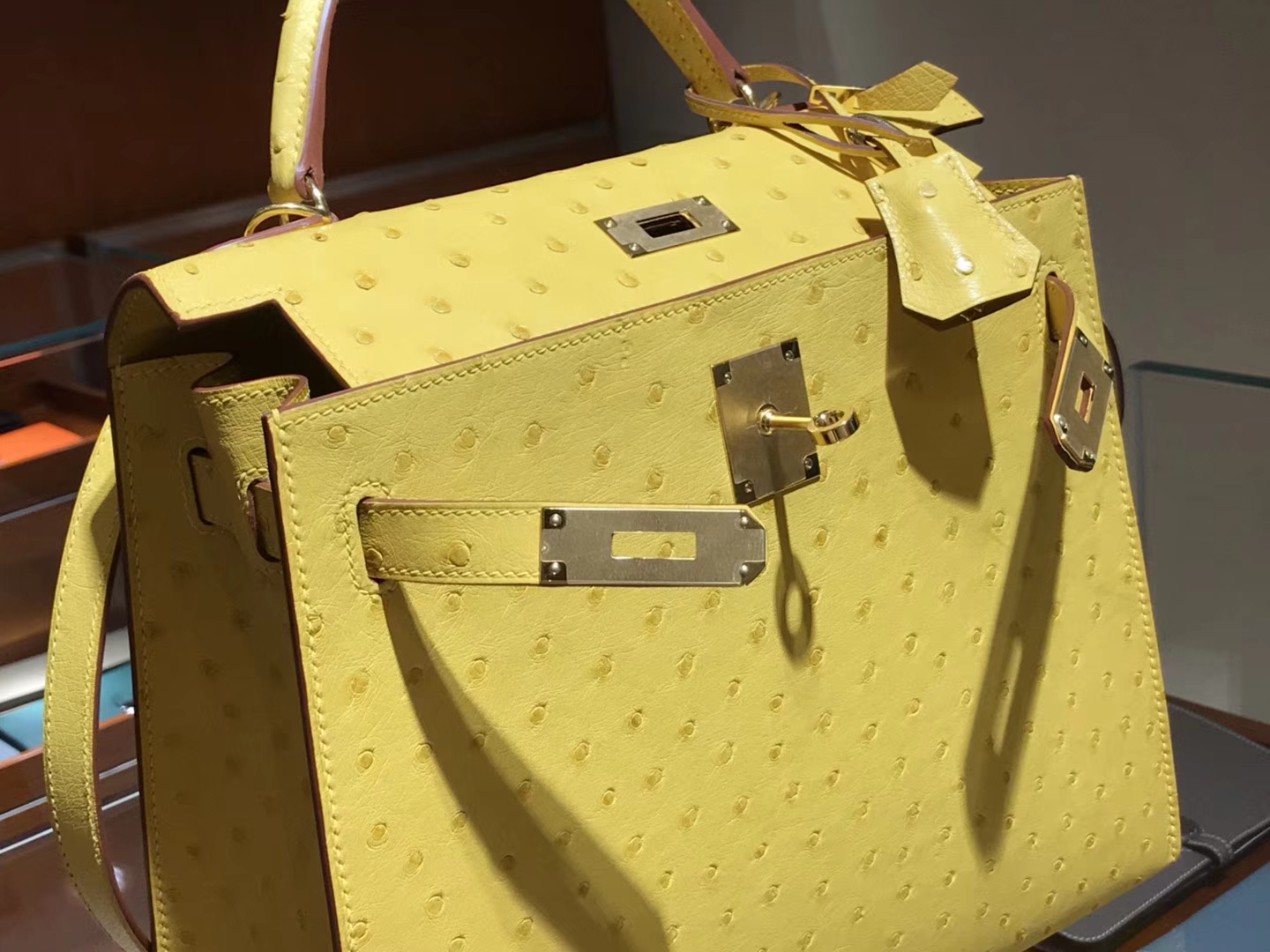 HERMES 爱马仕 凯莉包 Kelly 25cm 28cm 鸵鸟皮 太阳黄 9V 金银扣都可以定制