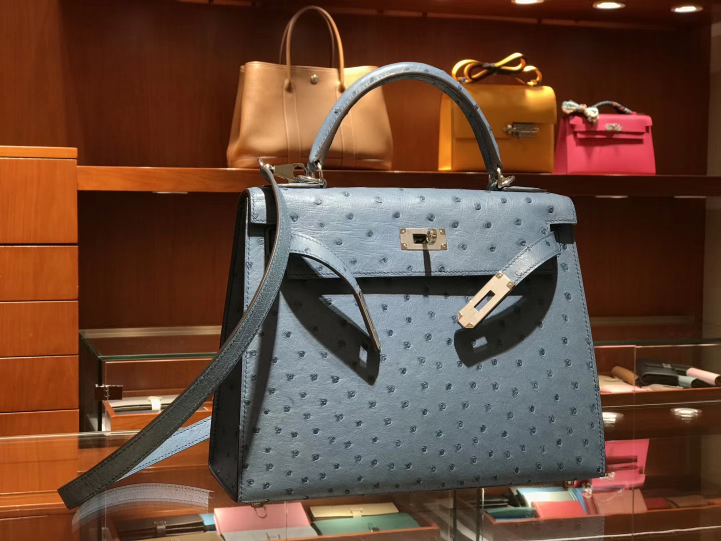 HERMES 爱马仕 凯莉包 Kelly 25cm 28cm 鸵鸟皮 暴风蓝 Y7 Blue orage 金银扣都可以定制