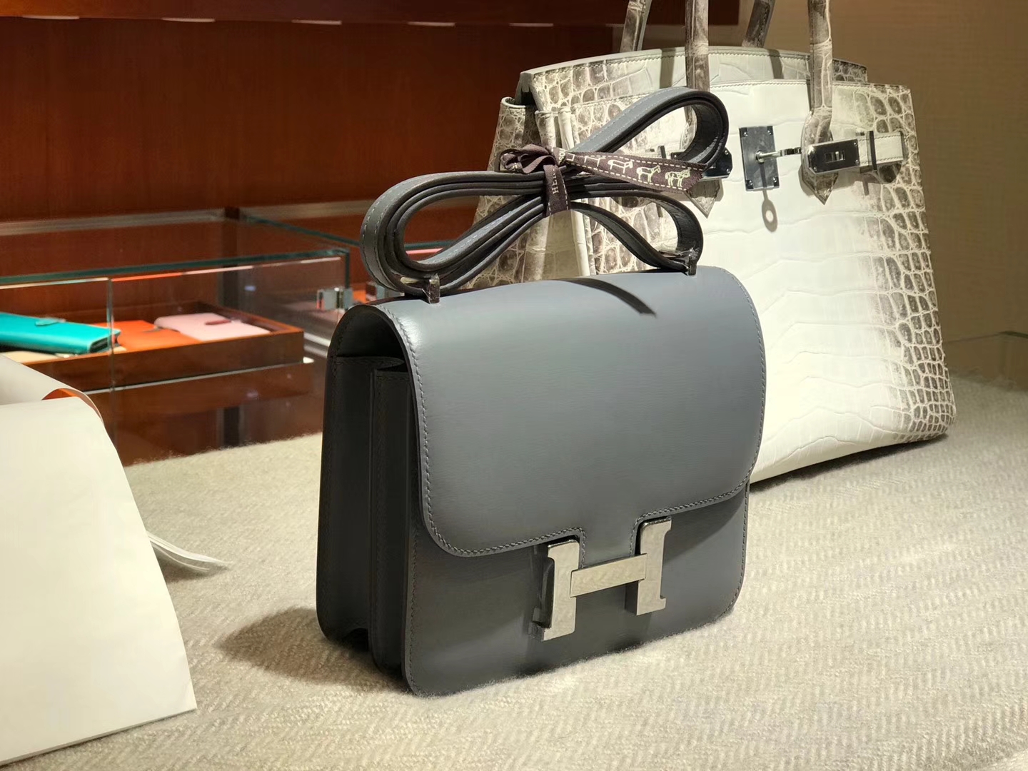 HERMES 爱马仕 空姐包 Constance BOX 锡器灰 银扣