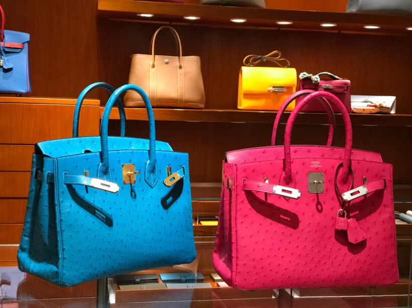 HERMES 爱马仕 铂金包 Birkin 30cm 鸵鸟皮 桃红 E5 金银扣都可以定制