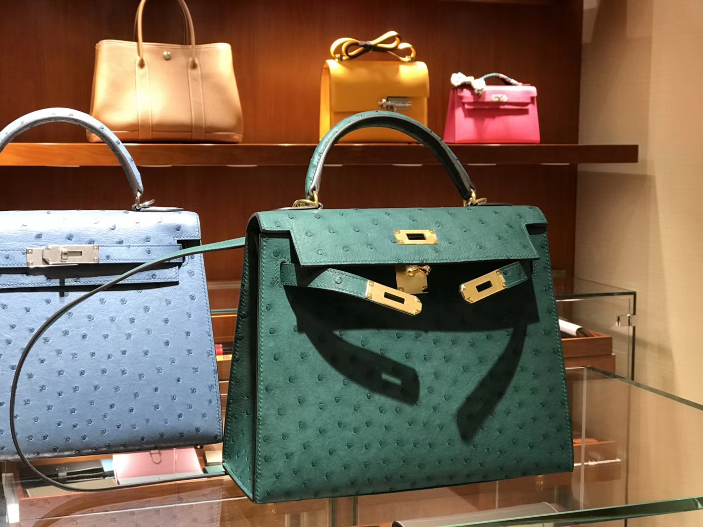 HERMES 爱马仕 凯莉包 Kelly 25cm 28cm 鸵鸟皮 孔雀绿 Z6 Malaoitte 金银扣都可以定制