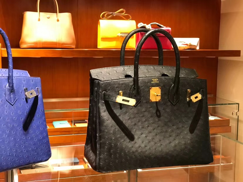 HERMES 爱马仕 铂金包 Birkin 30cm 鸵鸟皮 黑色 89 Nior 金银扣都可以定制