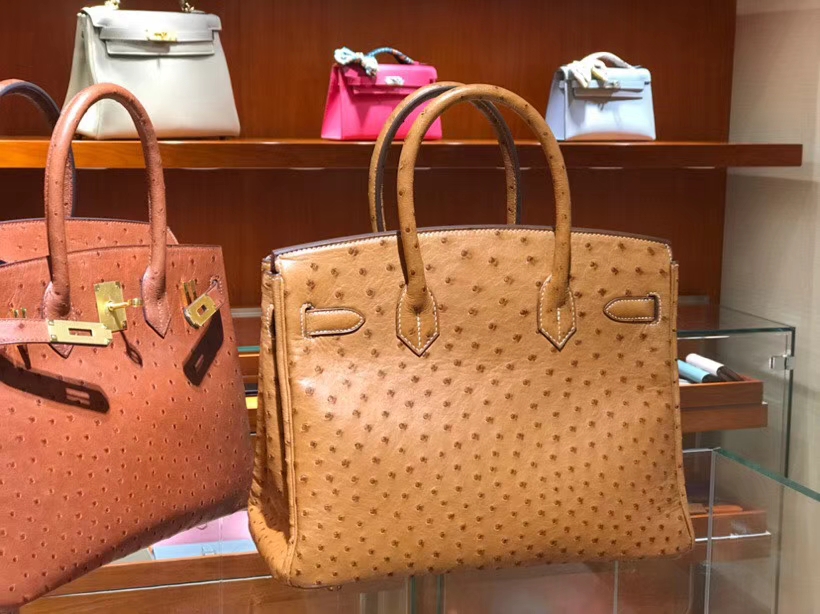HERMES 爱马仕 铂金包 Birkin 30cm 鸵鸟皮 金棕色 C47 金银扣都可以定制
