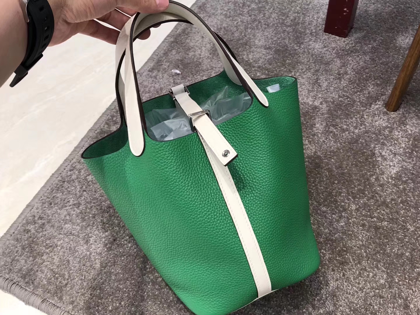 HERMES 爱马仕 菜篮子 Picotin 竹子绿拼珍珠灰 Togo皮 配全套专柜原版包装