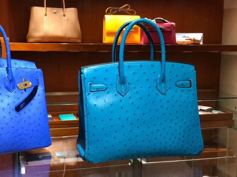 HERMES 爱马仕 铂金包 Birkin 30cm 鸵鸟皮 湖水蓝 7V Blue Azteque 金银扣都可以定制
