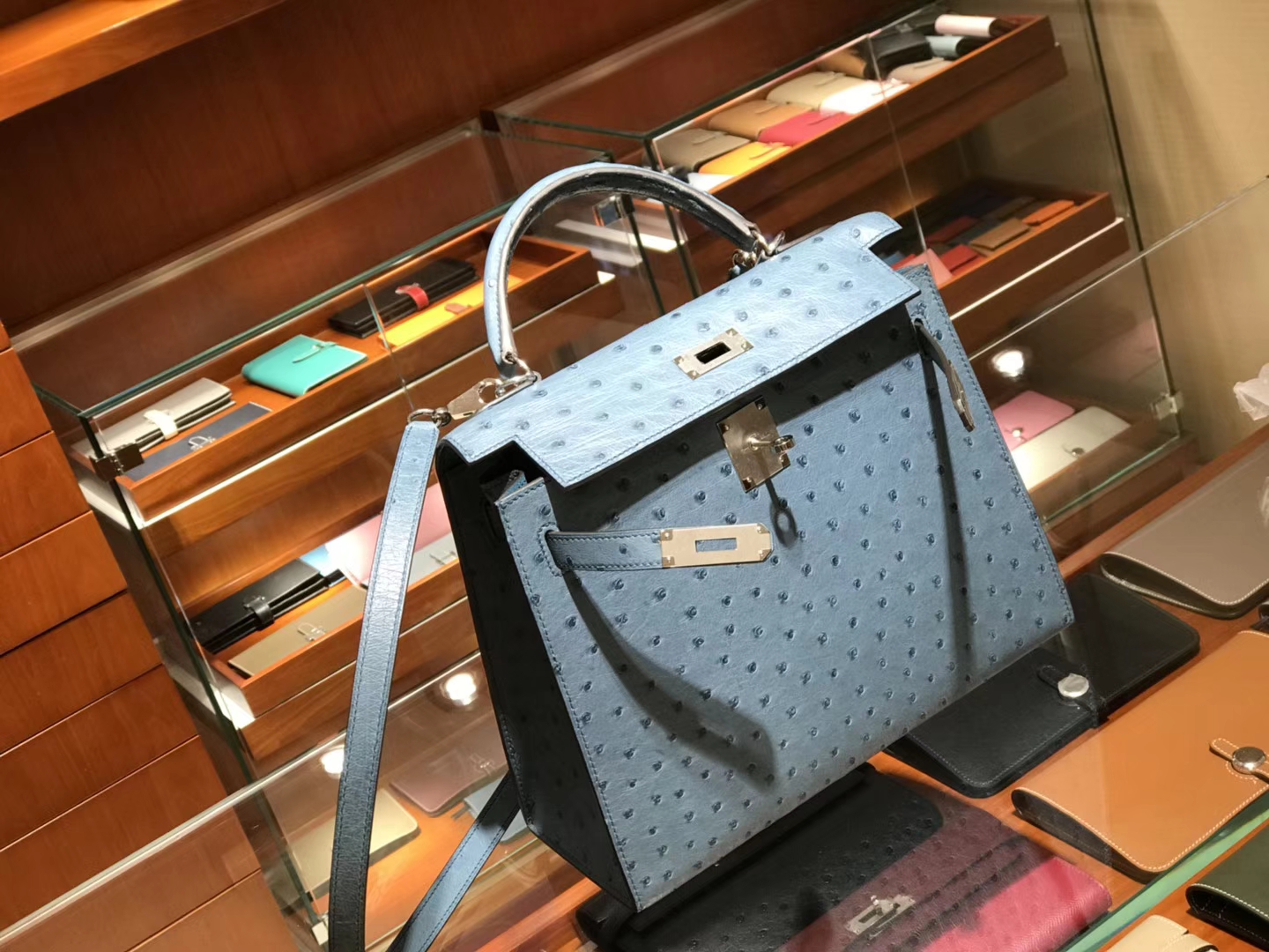 HERMES 爱马仕 凯莉包 Kelly 25cm 28cm 鸵鸟皮 暴风蓝 Y7 Blue orage 金银扣都可以定制