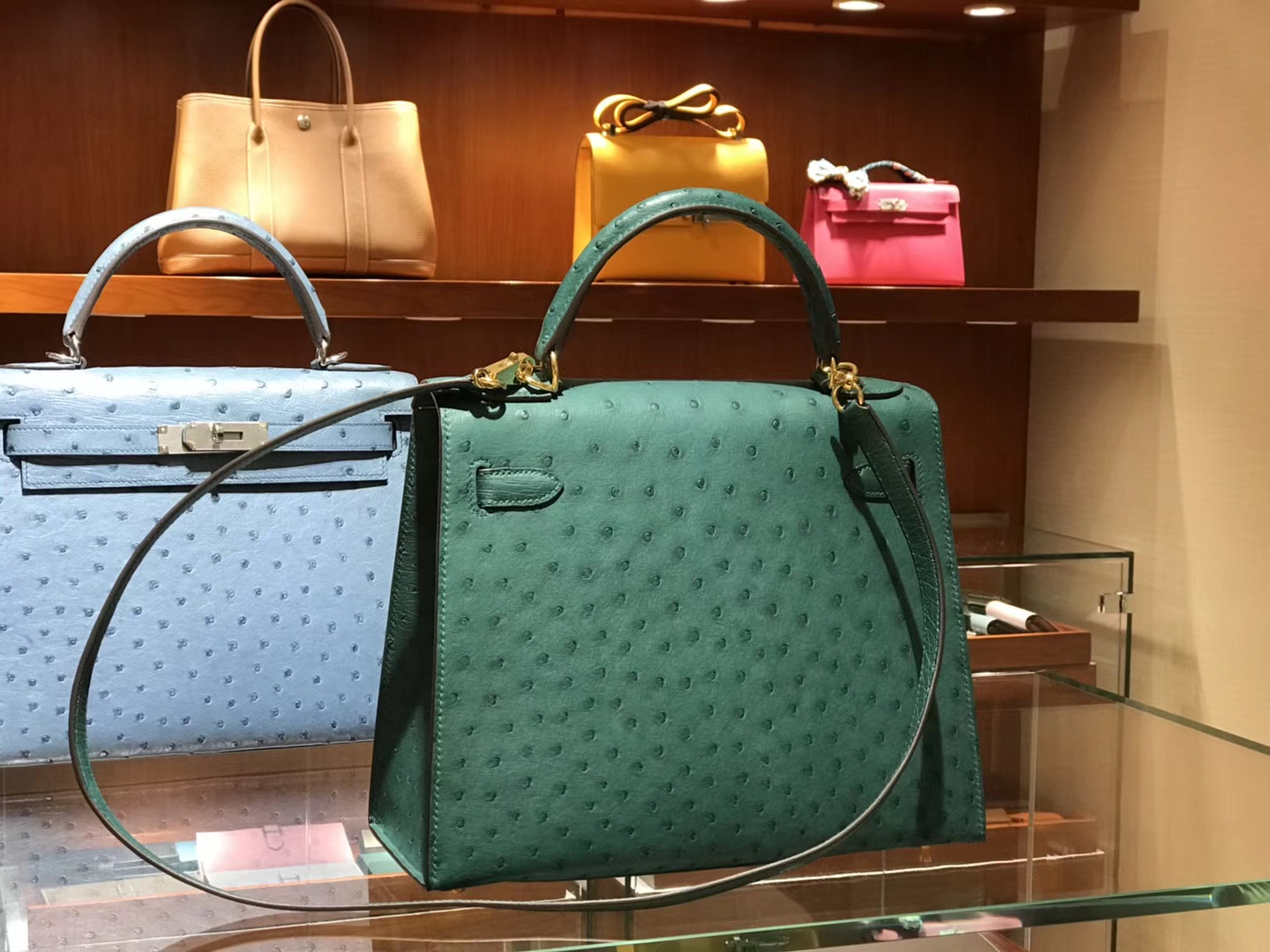 HERMES 爱马仕 凯莉包 Kelly 25cm 28cm 鸵鸟皮 孔雀绿 Z6 Malaoitte 金银扣都可以定制