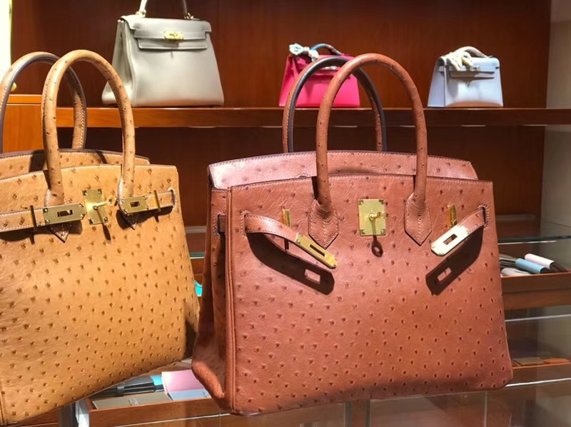 HERMES 爱马仕 铂金包 Birkin 30cm 鸵鸟皮 焦糖色 金银扣都可以定制