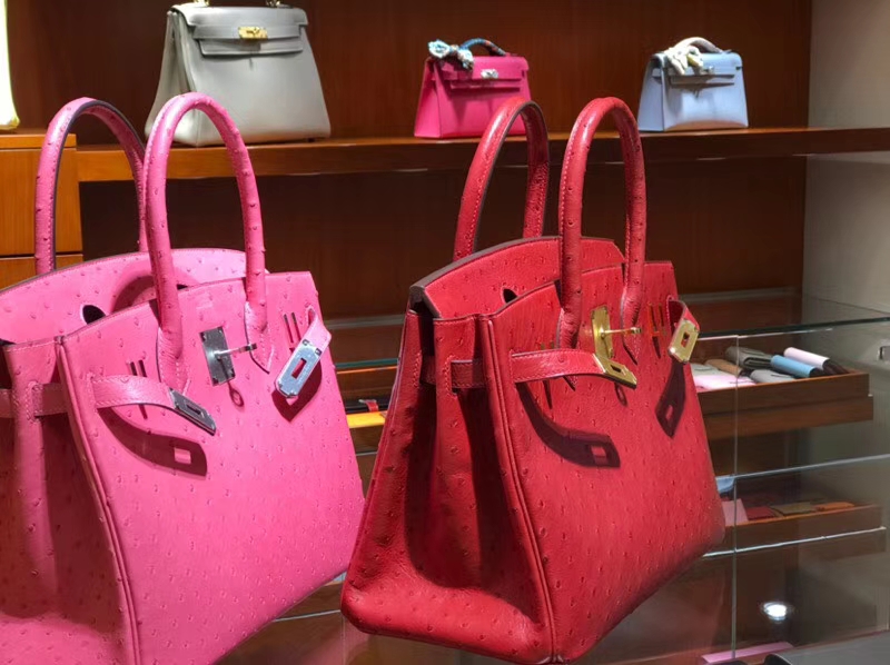 HERMES 爱马仕 铂金包 Birkin 30cm 鸵鸟皮 中国红 3M Rouge Laque 金银扣都可以定制