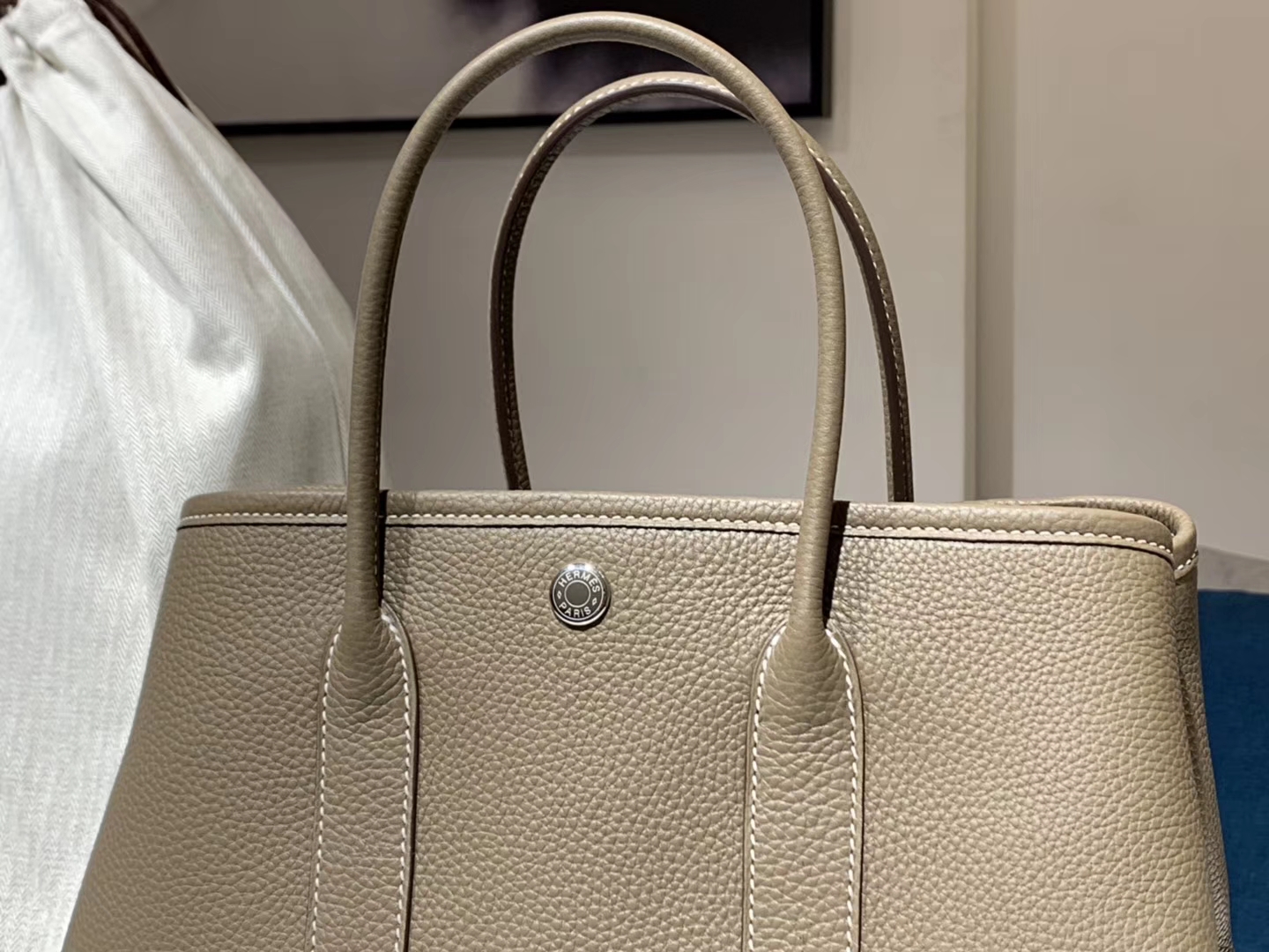 HERMES 爱马仕 Garden Party 花园包 Clemence 纯手工蜡线 大象灰