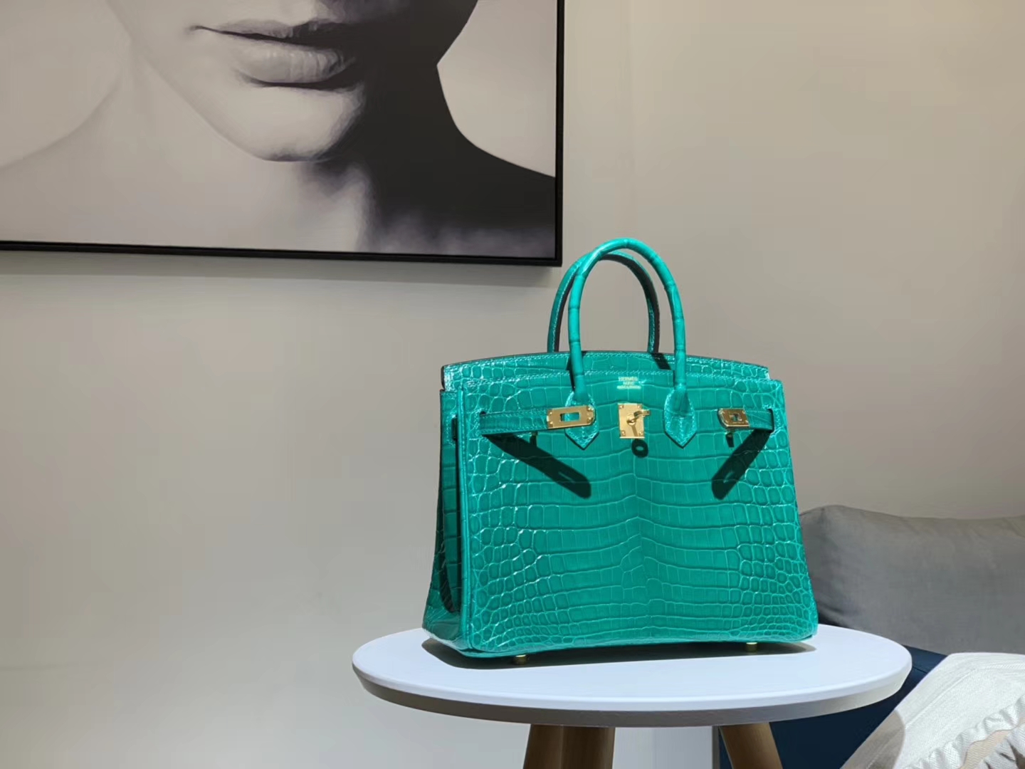 HERMES 爱马仕 铂金包 Birkin 鳄鱼皮 丝绒绿 金扣 配全套专柜原版包装