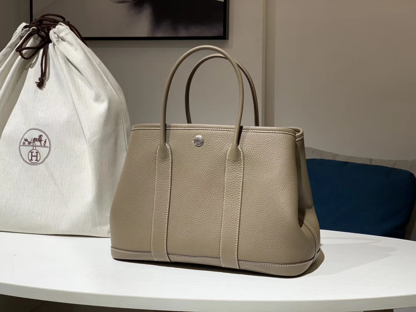 HERMES 爱马仕 Garden Party 花园包 Clemence 纯手工蜡线 大象灰