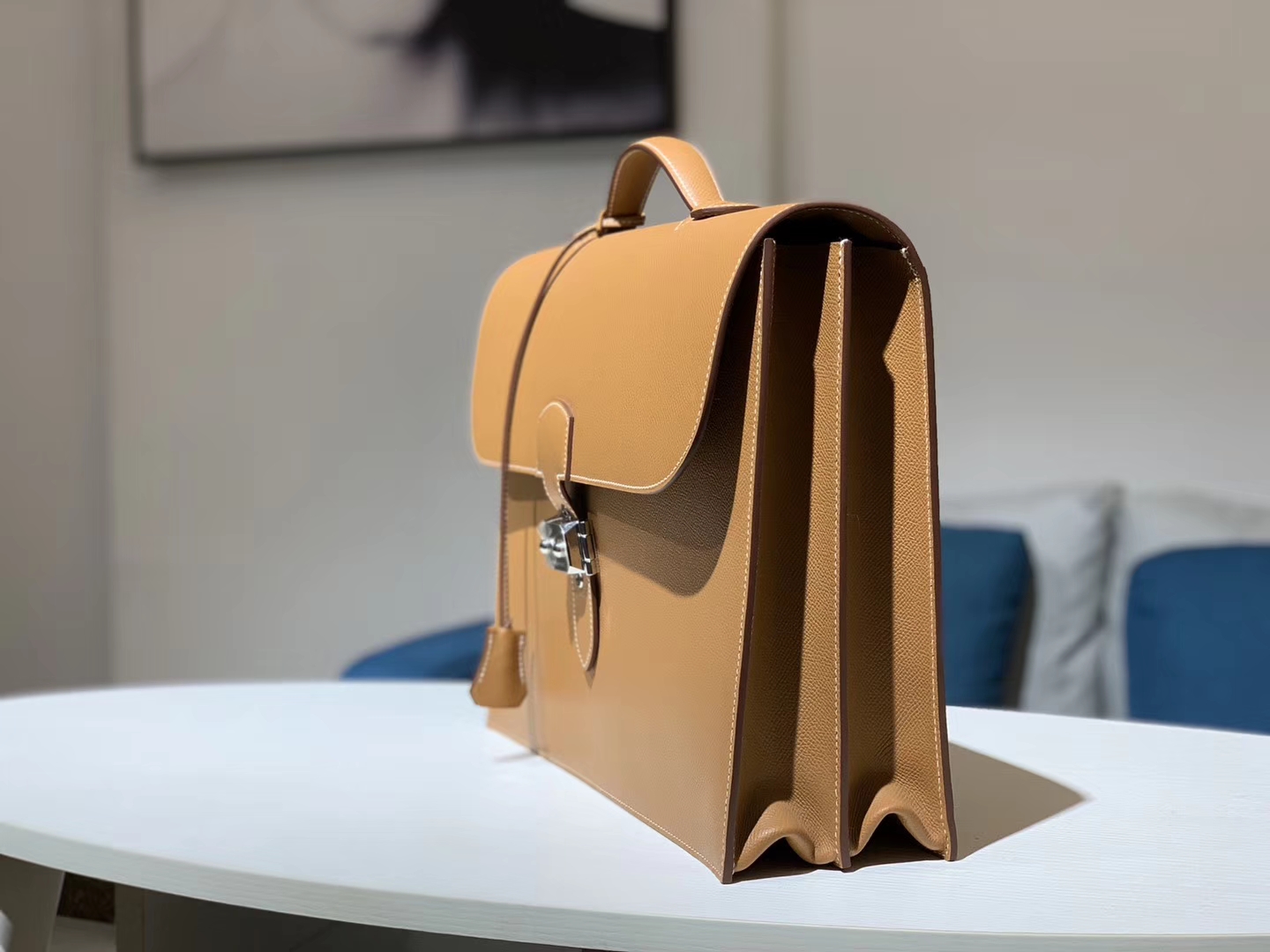 HERMES 爱马仕 锁扣公文包 Epsom皮 金棕色 尺寸：38×28