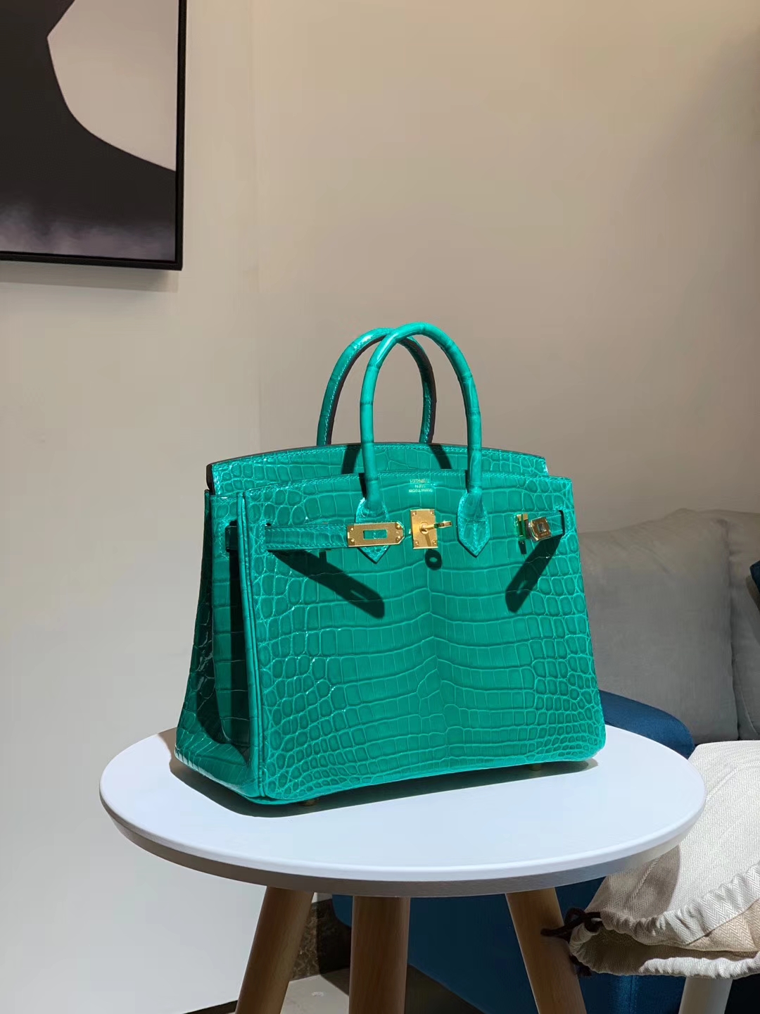 HERMES 爱马仕 铂金包 Birkin 鳄鱼皮 丝绒绿 金扣 配全套专柜原版包装