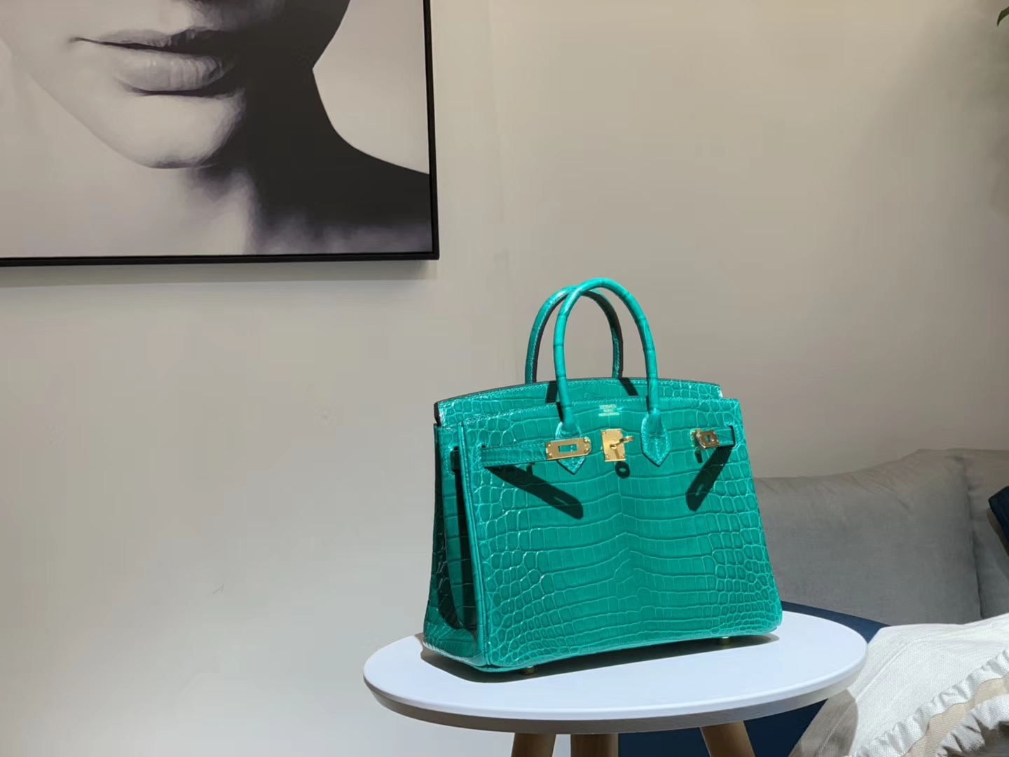 HERMES 爱马仕 铂金包 Birkin 鳄鱼皮 丝绒绿 金扣 配全套专柜原版包装