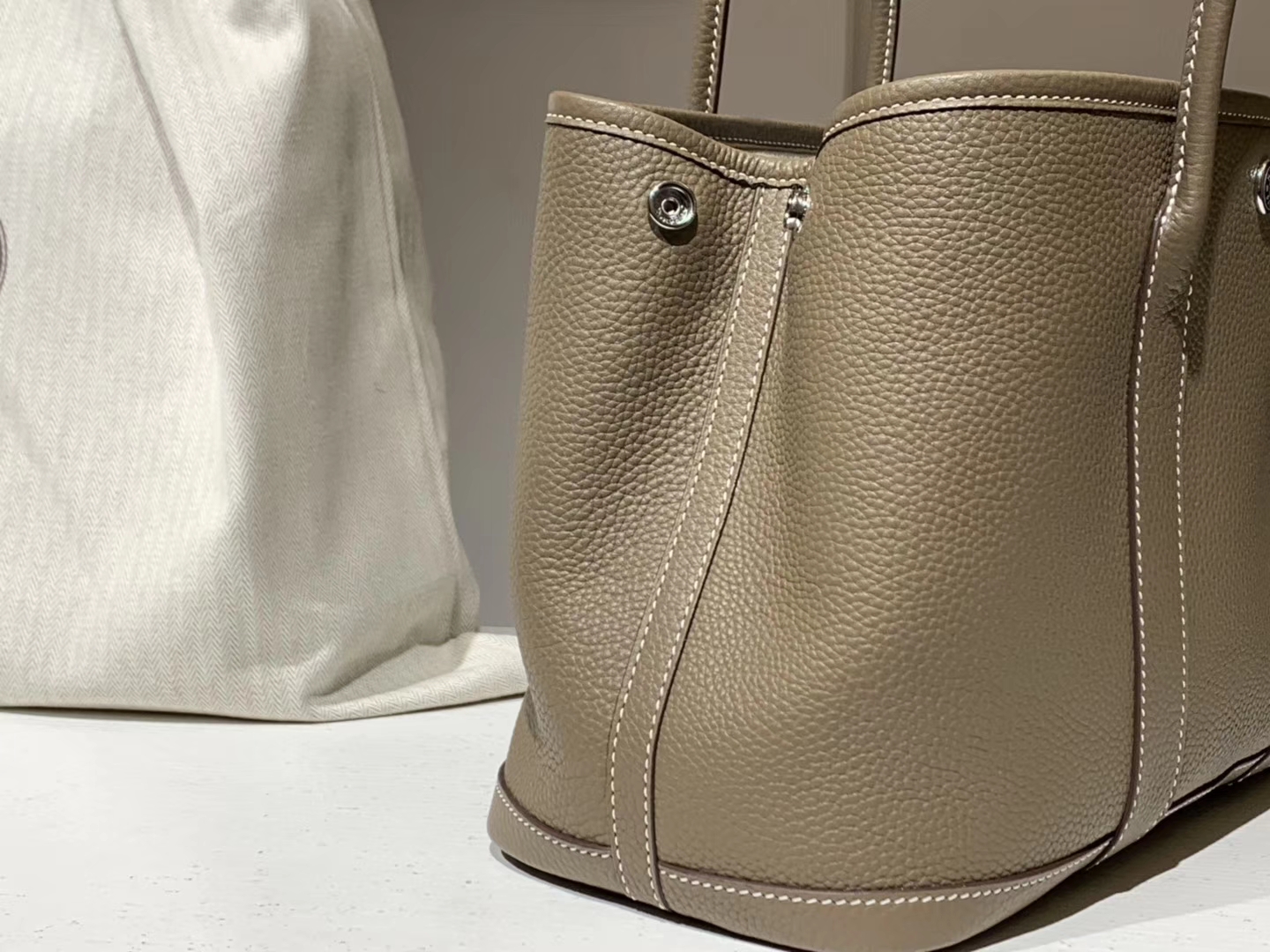 HERMES 爱马仕 Garden Party 花园包 Clemence 纯手工蜡线 大象灰