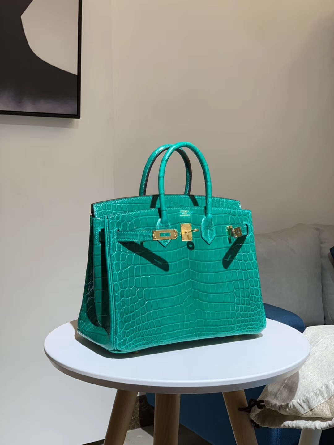 HERMES 爱马仕 铂金包 Birkin 鳄鱼皮 丝绒绿 金扣 配全套专柜原版包装
