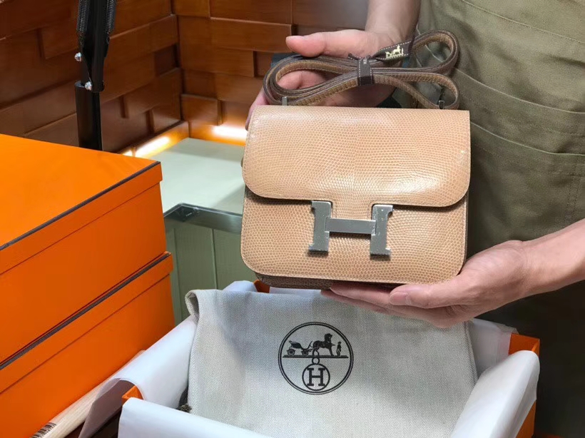 H家 空姐包 Constance 蜥蜴皮 杏色 银扣 配全套专柜原版包装