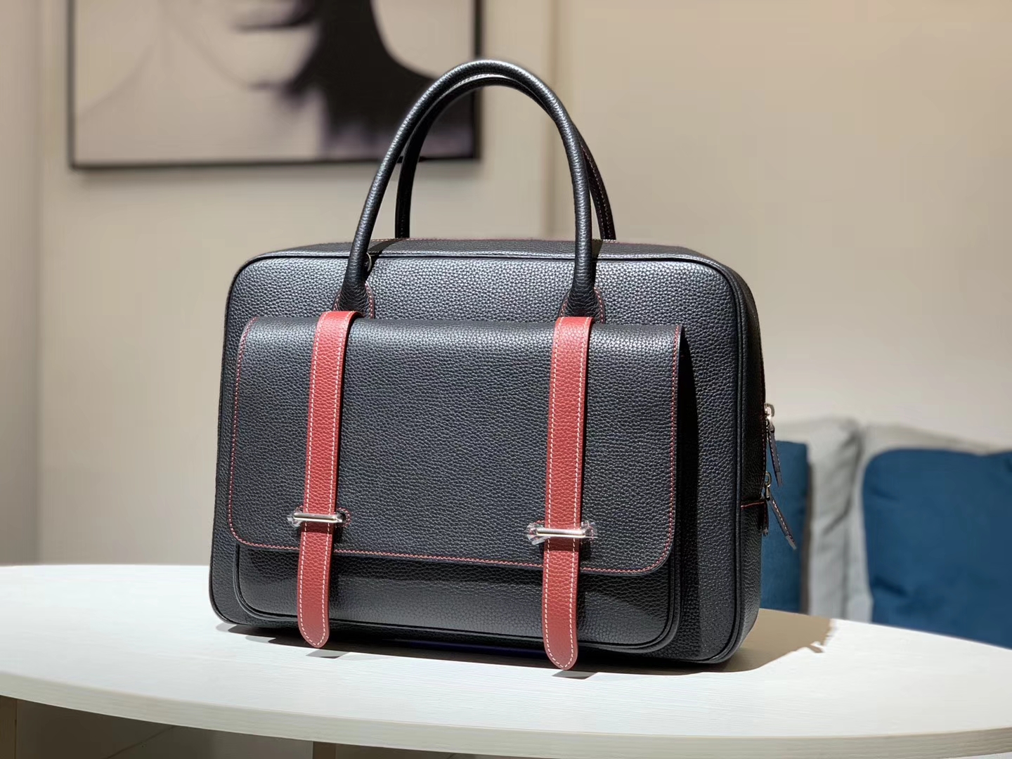 HERMES 爱马仕 手提邮差包 Clemence皮 黑色拼色红色 40×28×9