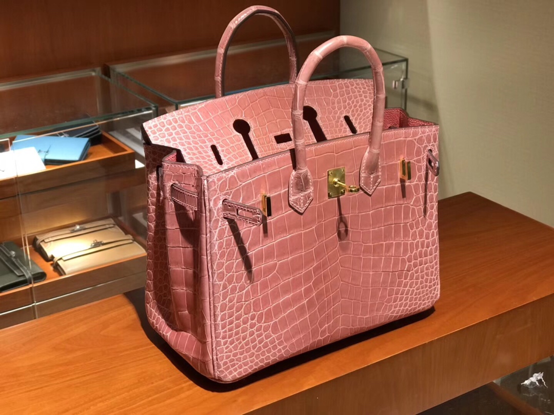 HERMES 爱马仕 Brikin 25cm 高光鳄鱼皮 奶昔粉 现货