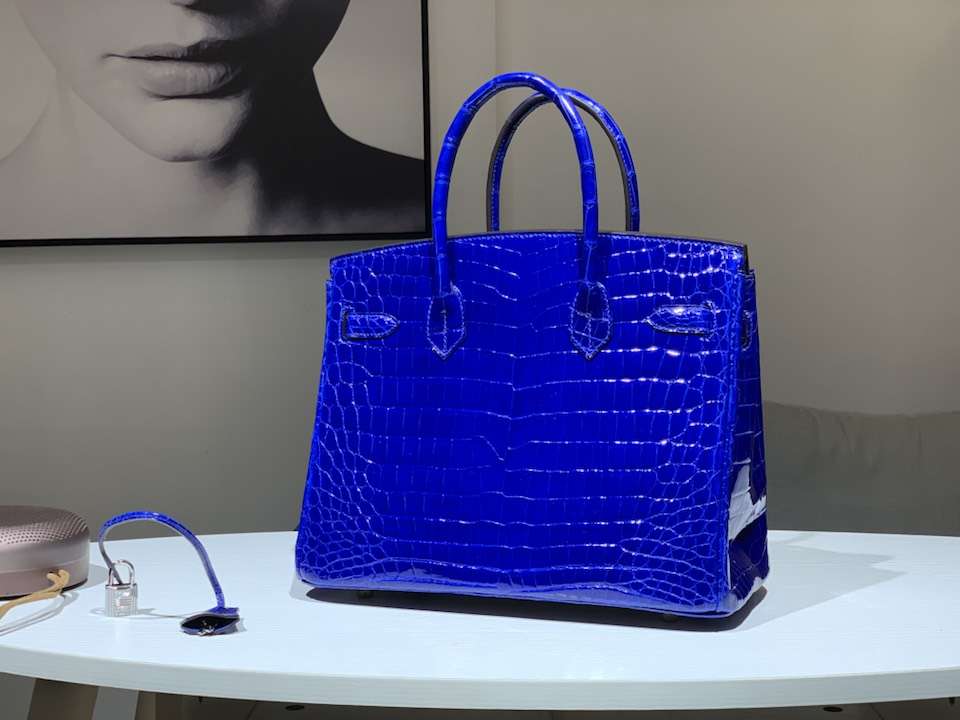 HERMES 爱马仕 铂金包 Birkin 鳄鱼皮 纯手工 电光蓝 银扣 全套专柜包装