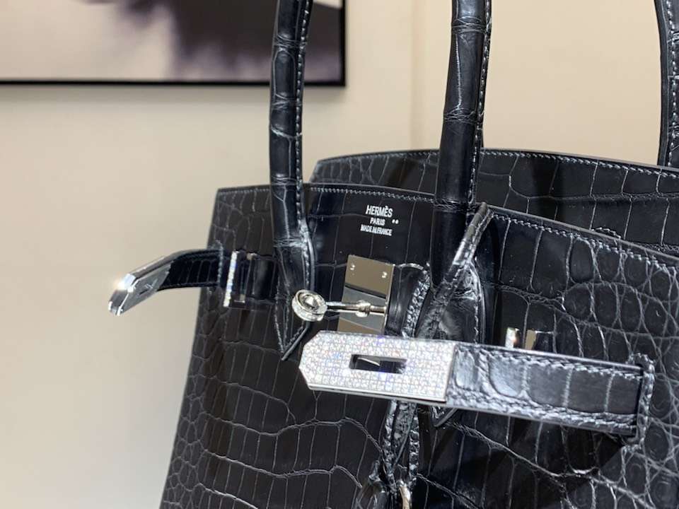 HERMES 爱马仕 铂金包 Birkin 鳄鱼皮 纯手工蜡线 黑色 银扣 全套专柜包装