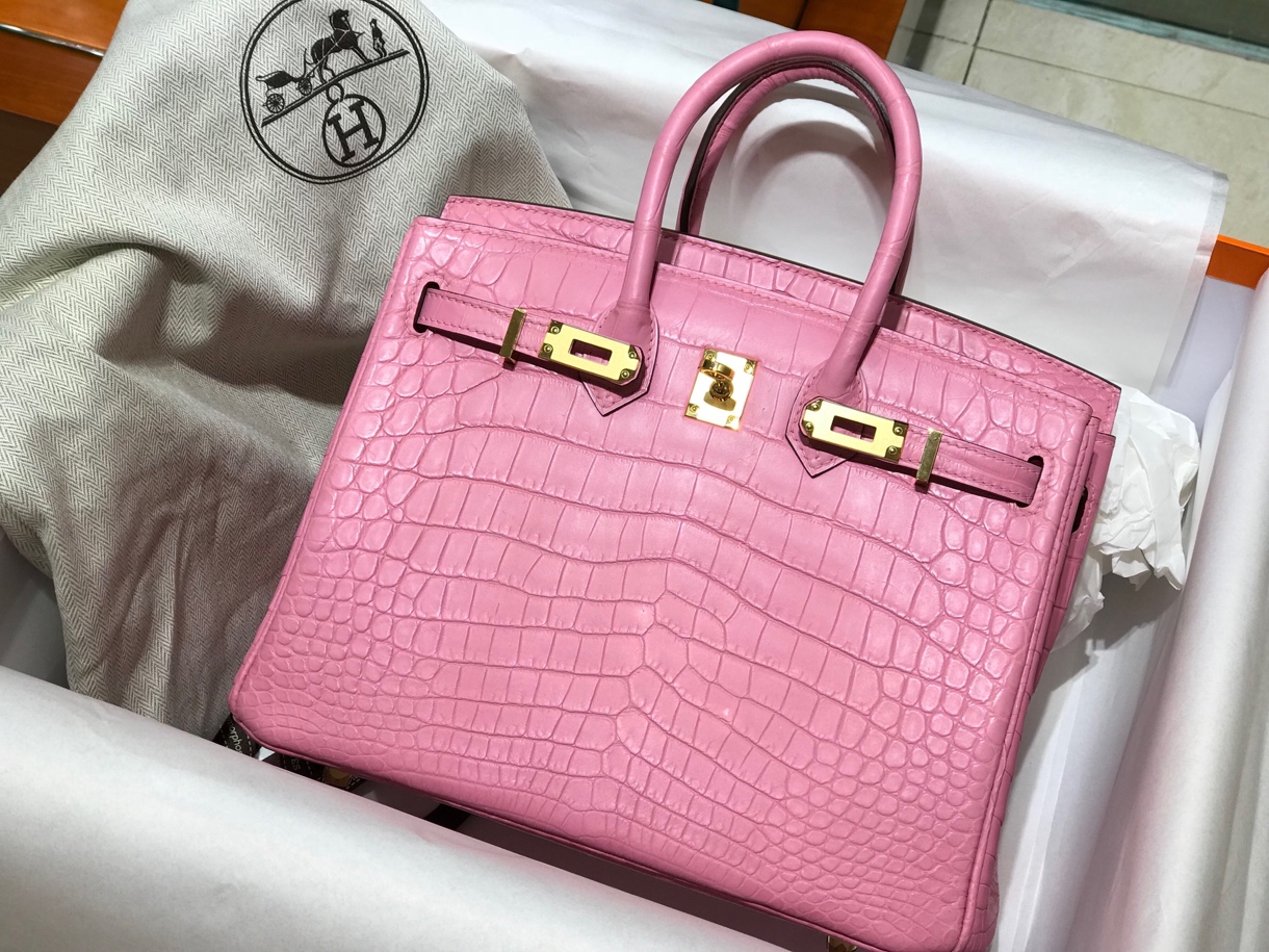 HERMES 爱马仕 Birkin 25cm 哑光鳄鱼皮 樱花粉 现货