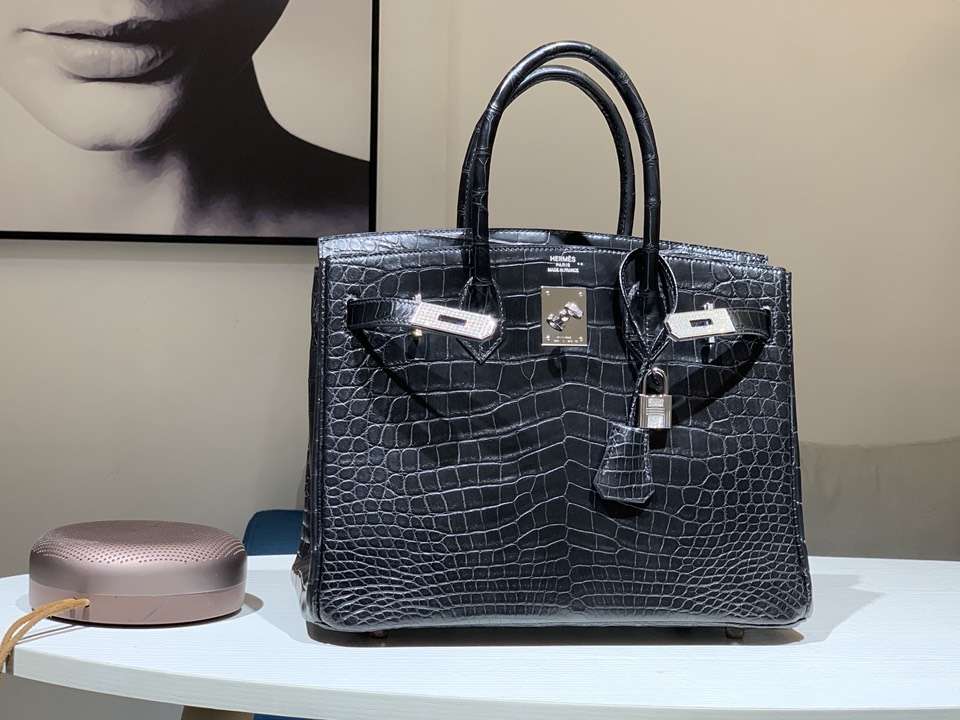 HERMES 爱马仕 铂金包 Birkin 鳄鱼皮 纯手工蜡线 黑色 银扣 全套专柜包装