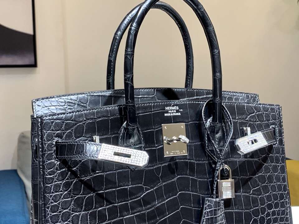 HERMES 爱马仕 铂金包 Birkin 鳄鱼皮 纯手工蜡线 黑色 银扣 全套专柜包装