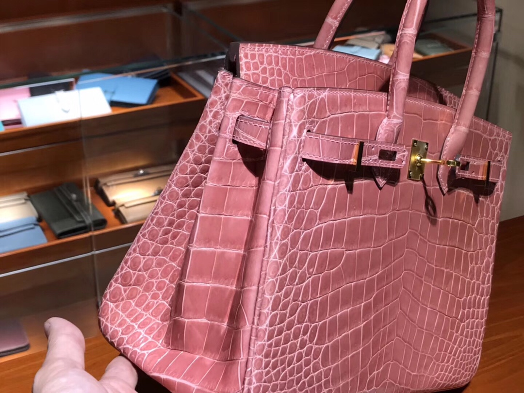 HERMES 爱马仕 Brikin 25cm 高光鳄鱼皮 奶昔粉 现货
