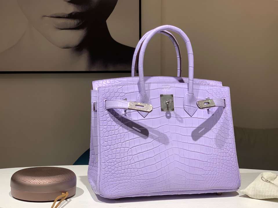 HERMES 爱马仕 带钻银扣 铂金包 Birkin 鳄鱼皮 纯手工 香芋紫 全套专柜包装
