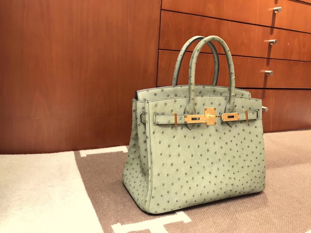 HERMES 爱马仕 Brikin 30cm 南非KKK级鸵鸟皮 浅绿色