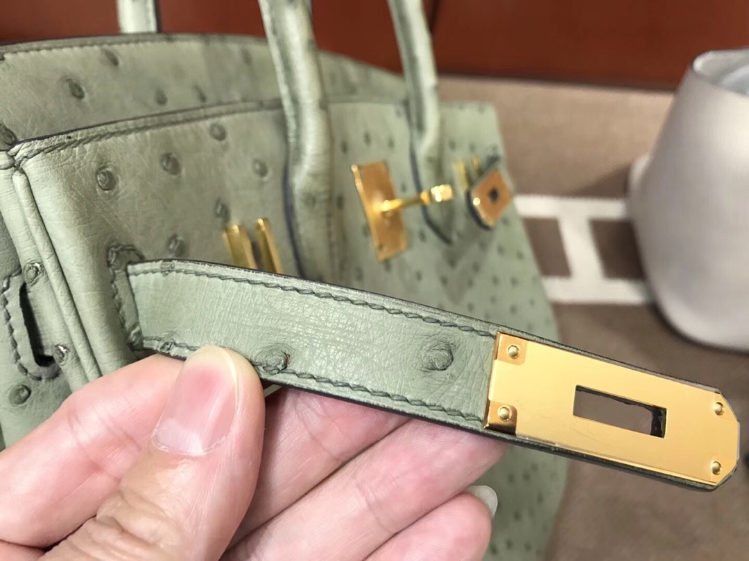HERMES 爱马仕 Brikin 30cm 南非KKK级鸵鸟皮 浅绿色