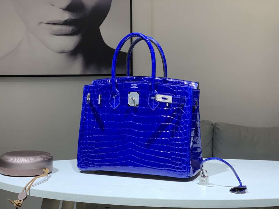 HERMES 爱马仕 铂金包 Birkin 鳄鱼皮 纯手工 电光蓝 银扣 全套专柜包装