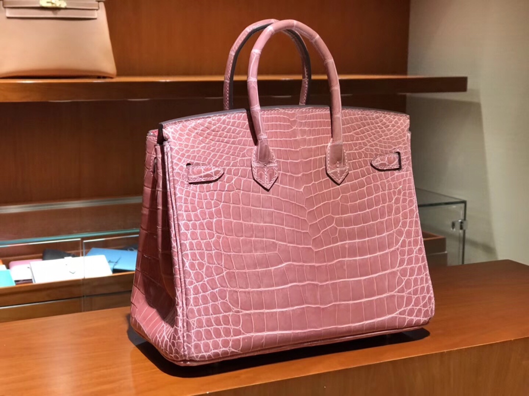 HERMES 爱马仕 Brikin 25cm 高光鳄鱼皮 奶昔粉 现货