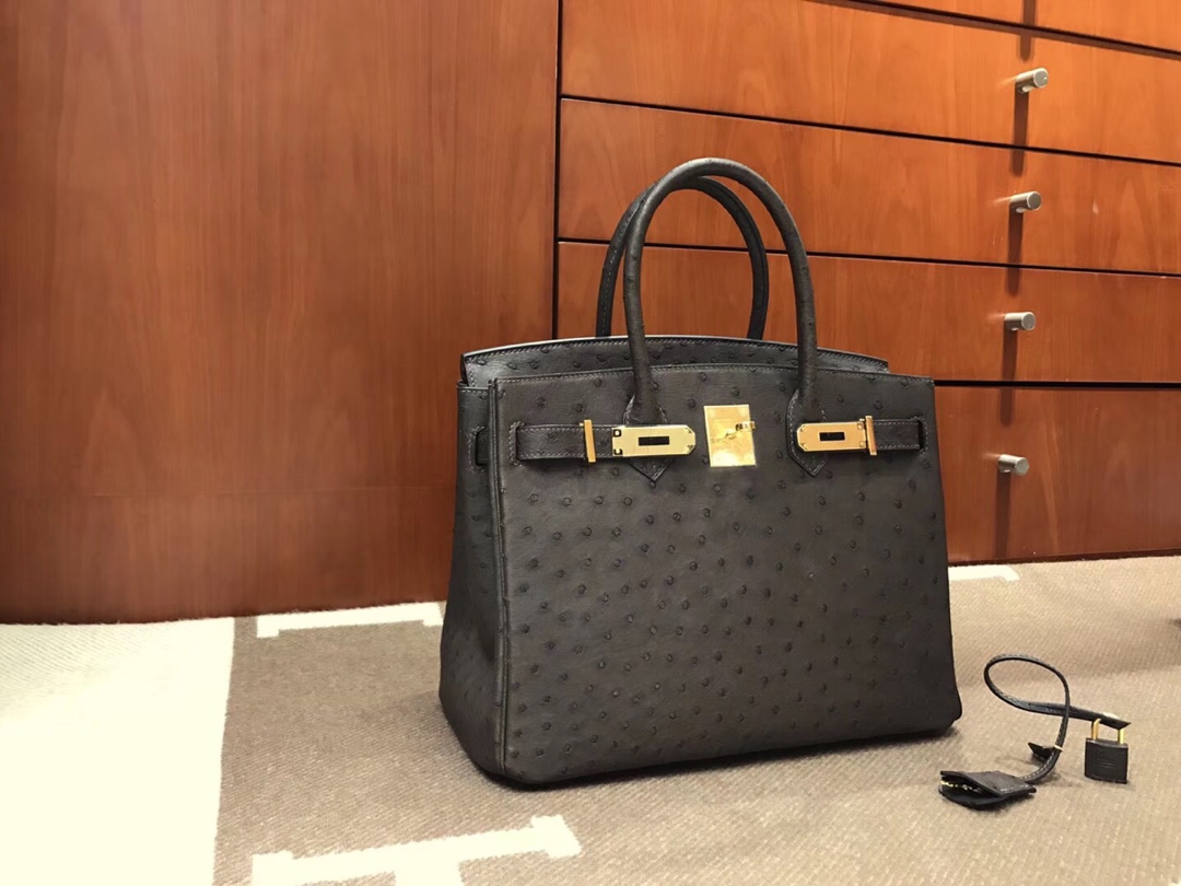 HERMES 爱马仕 Brikin 30cm 南非KKK级鸵鸟皮 深咖色