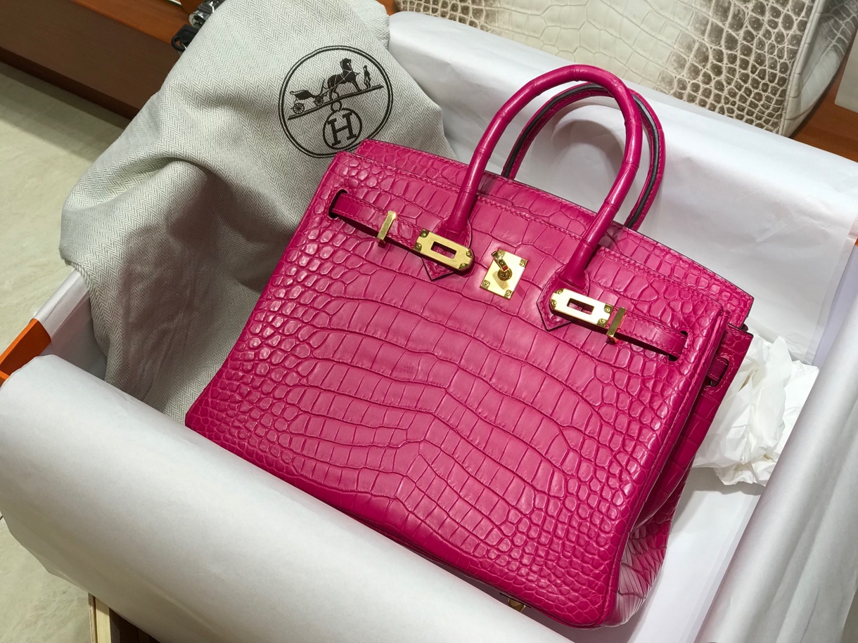 HERMES 爱马仕 Brikin 25cm 哑光鳄鱼皮 玫红色 现货