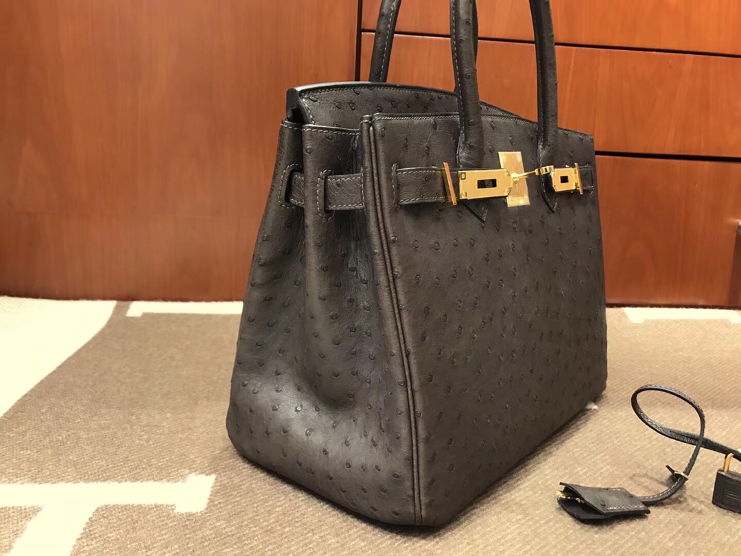 HERMES 爱马仕 Brikin 30cm 南非KKK级鸵鸟皮 深咖色
