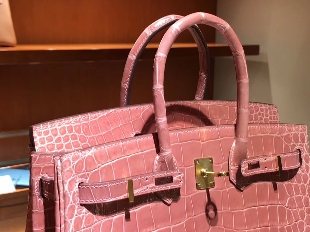 HERMES 爱马仕 Brikin 25cm 高光鳄鱼皮 奶昔粉 现货