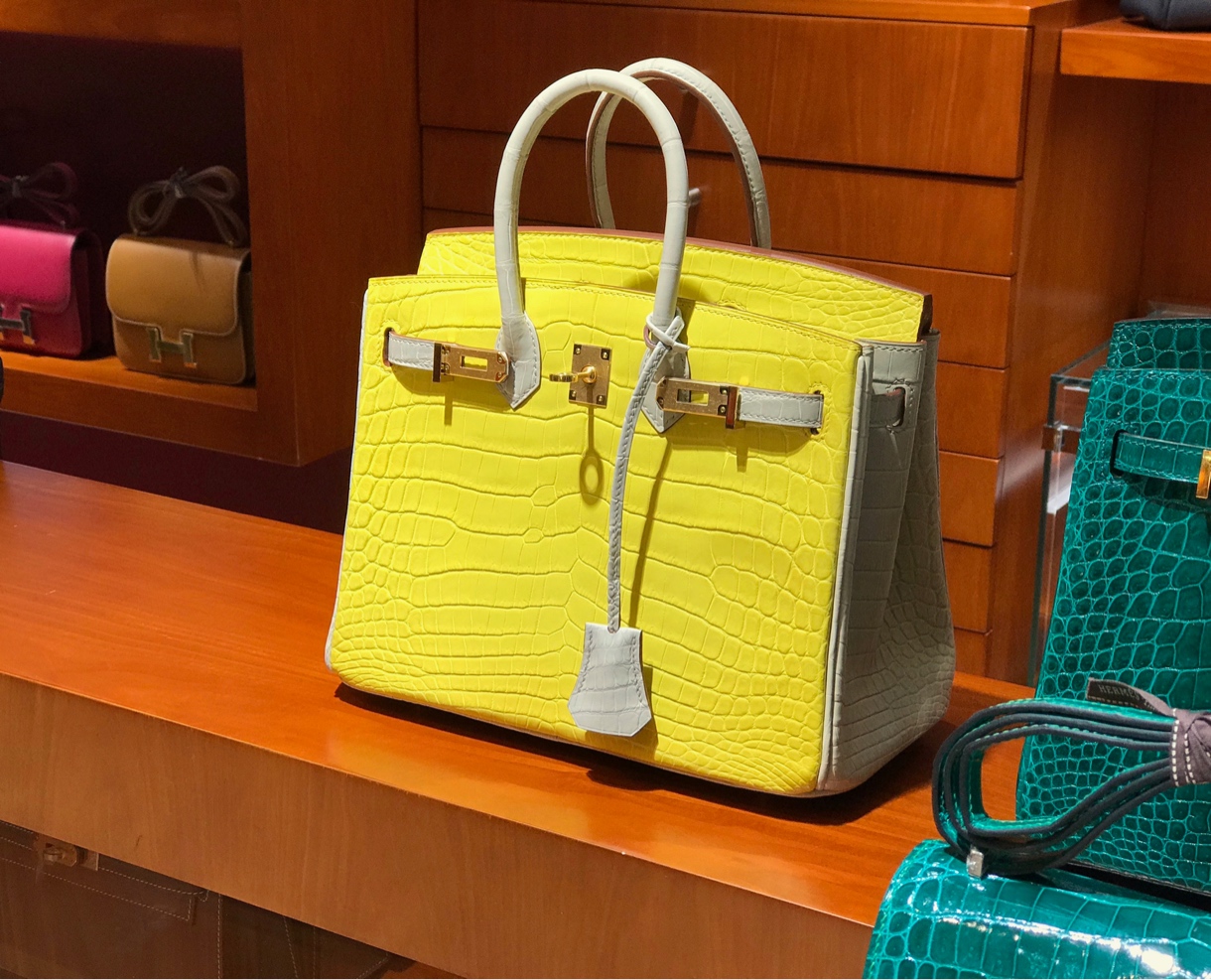 HERMES 爱马仕 Brikin 25 30cm 哑光鳄鱼皮 柠檬黄拼珍珠灰