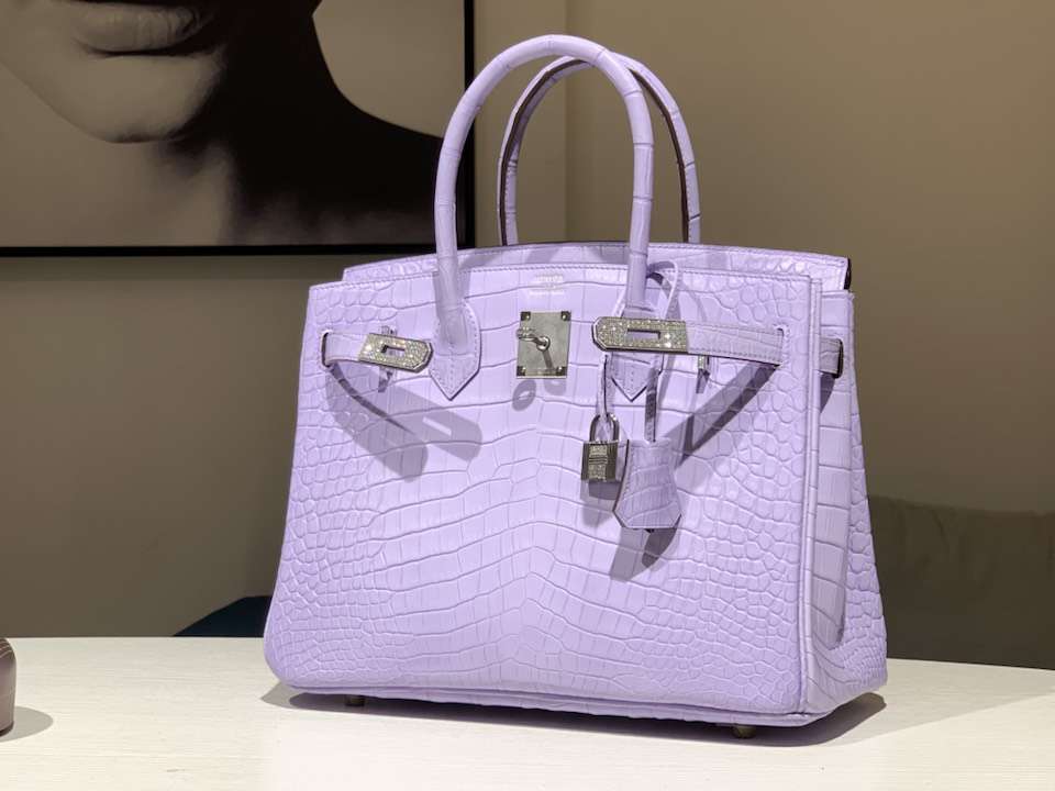 HERMES 爱马仕 带钻银扣 铂金包 Birkin 鳄鱼皮 纯手工 香芋紫 全套专柜包装